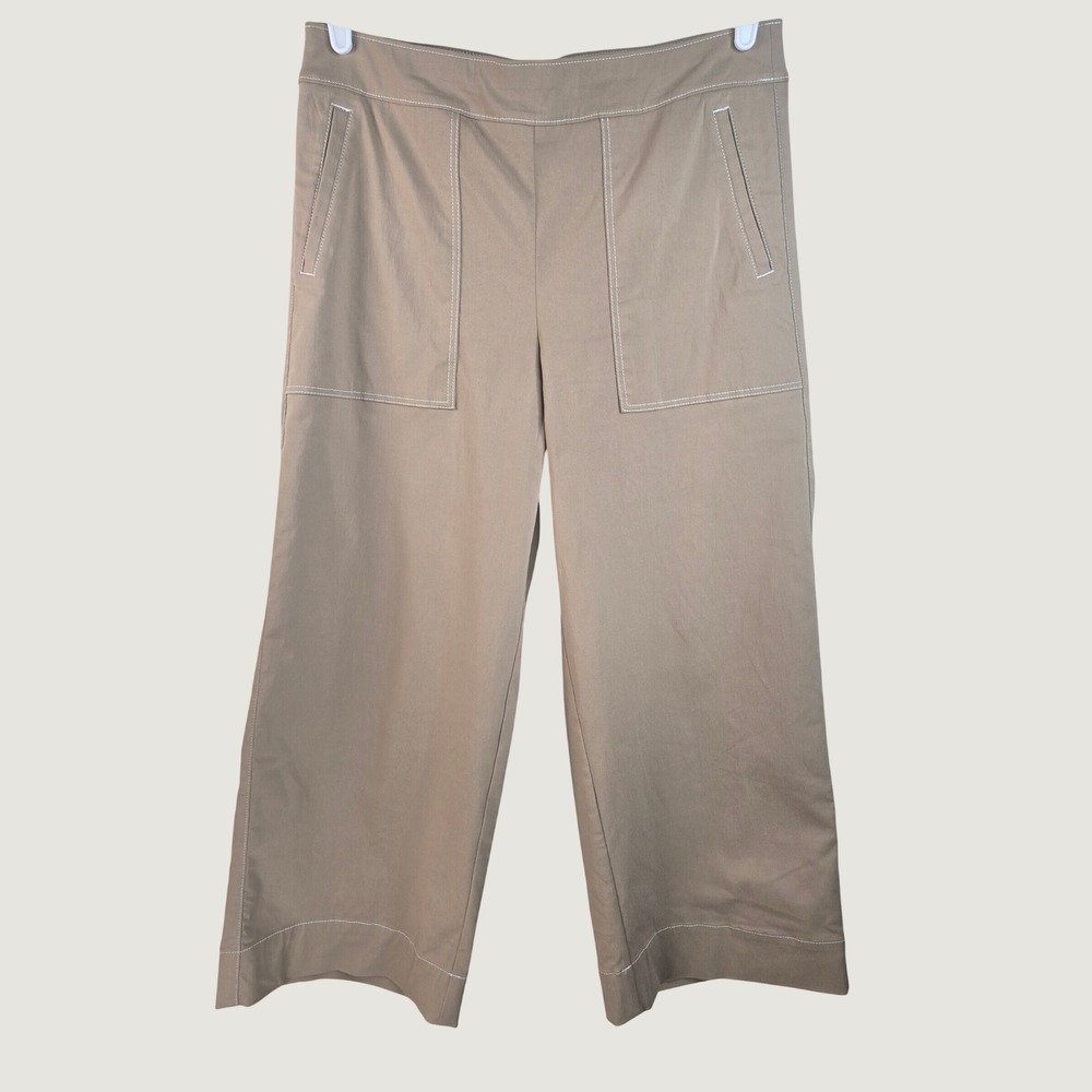 Chico's Wide Leg Crop Pants 10 Tan Pull On Relaxed Minimalist Lagenlook Gaucho